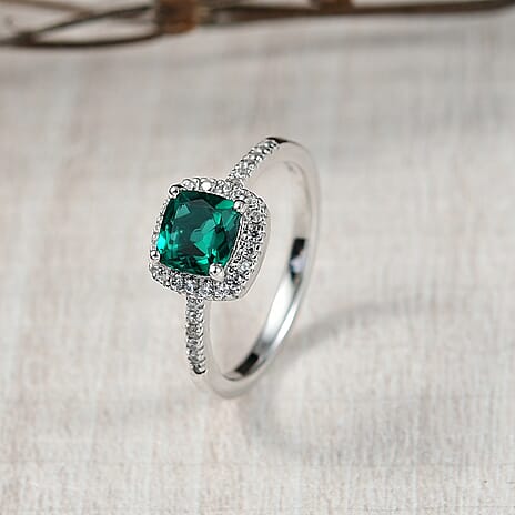D'joy Lab Grown Emerald & Natural Zircon Ring in Rhodium Overlay Sterling Silver 1.24 Ct.