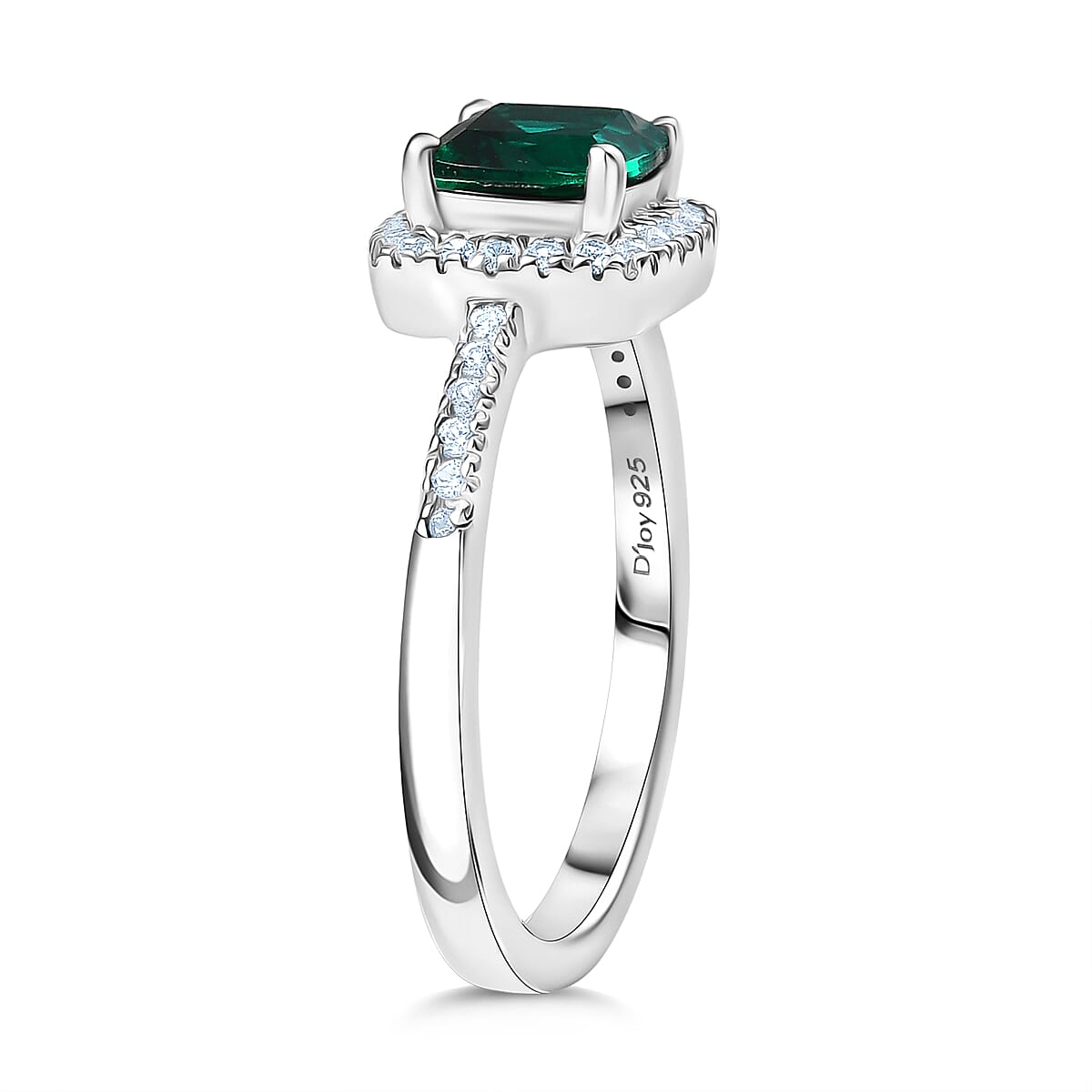 D'joy Lab Grown Emerald & Natural Zircon Ring in Rhodium Overlay Sterling Silver 1.24 Ct.