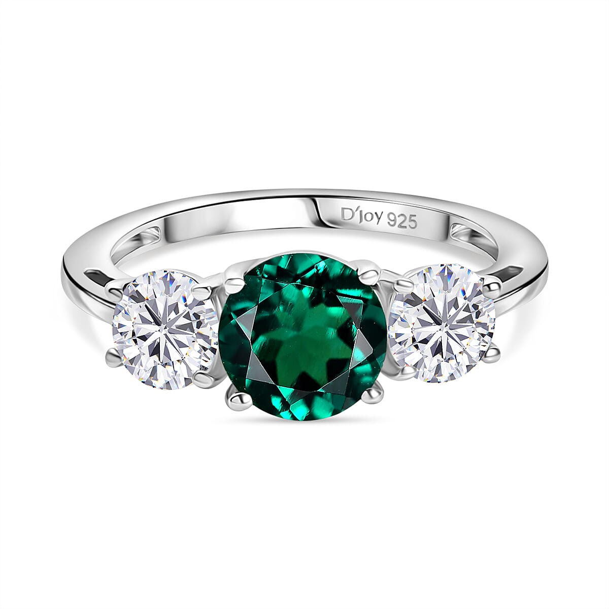 D'Joy Lab Grown Emerald & Moissanite Ring in Rhodium Overlay Sterling Silver 2.12 Ct.
