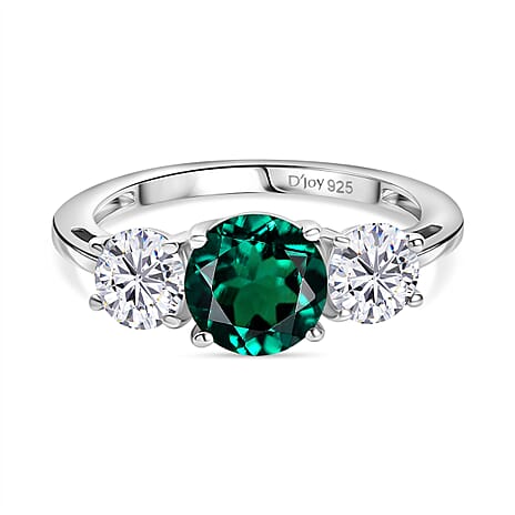 D'Joy Lab Grown Emerald & Moissanite Ring in Rhodium Overlay Sterling Silver 2.12 Ct.