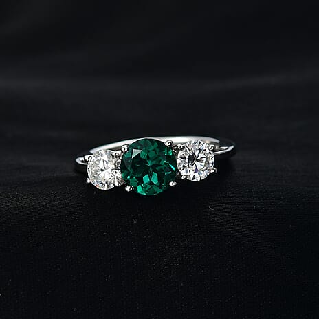 D'Joy Lab Grown Emerald & Moissanite Ring in Rhodium Overlay Sterling Silver 2.12 Ct.