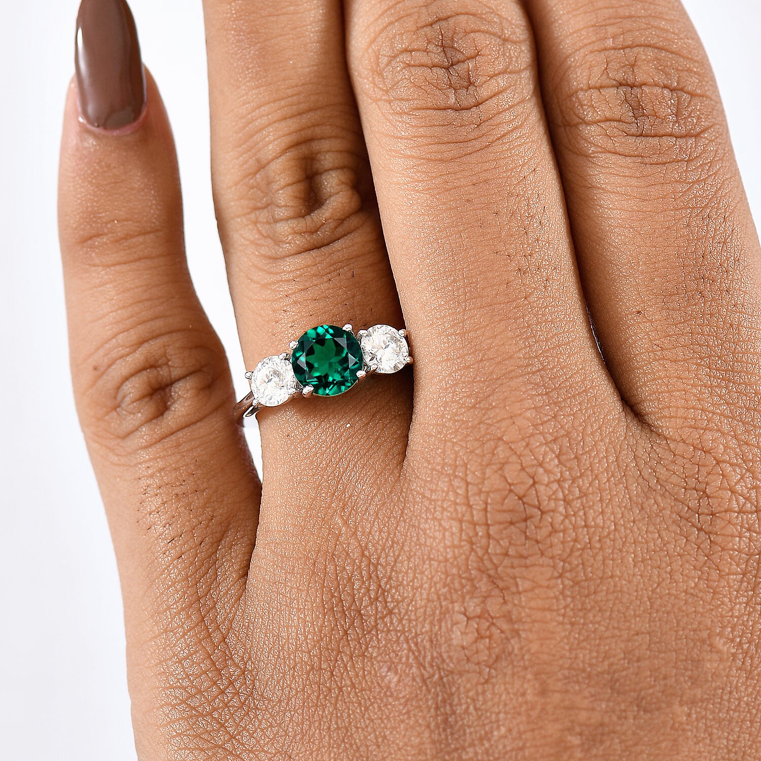 D'Joy Lab Grown Emerald & Moissanite Ring in Rhodium Overlay Sterling Silver 2.12 Ct.