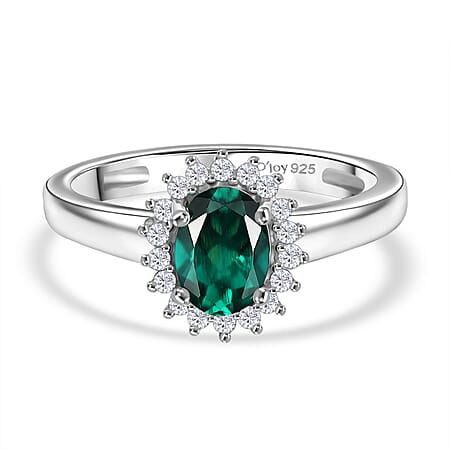 D'Joy Lab Grown Emerald, White Zircon Halo Ring in Rhodium Overlay Sterling Silver 1.08 Ct.