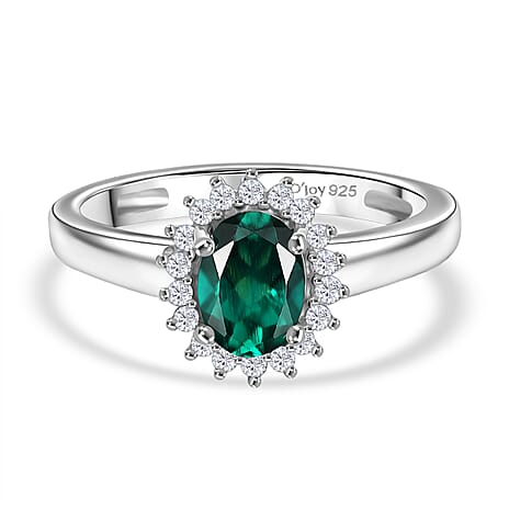 D'Joy Lab Grown Emerald, White Zircon Cluster Ring in Rhodium OverlaySterling Silver  1.087  Ct.