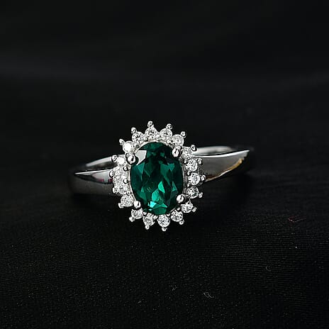 D'Joy Lab Grown Emerald & White Zircon Cluster Ring in Rhodium Overlay Sterling Silver 1.08 Ct.