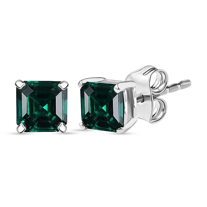Lab Grown Emerald Solitaire Stud Push Post Earring in Rhodium Overlay Sterling Silver 1.21 Ct.