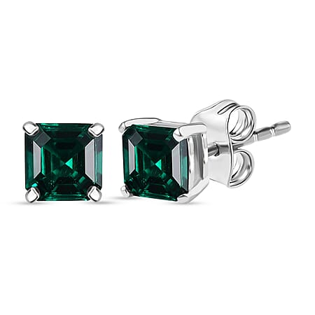 D'joy Lab Grown Emerald Solitaire Stud Push Post Earring in Rhodium Overlay Sterling Silver 1.21 Ct.