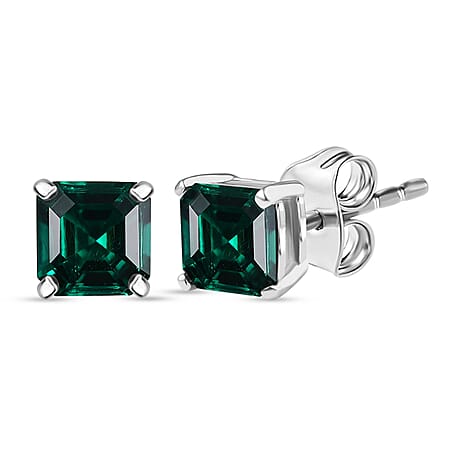 Lab Grown Emerald Solitaire Stud Push Post Earring in Rhodium Overlay Sterling Silver 1.21 Ct.