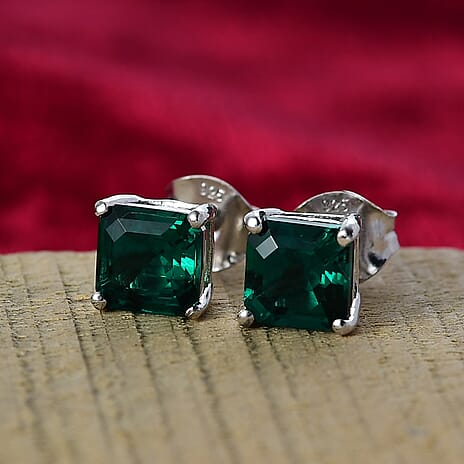 Lab Grown Emerald Solitaire Stud Push Post Earring in Rhodium Overlay Sterling Silver 1.21 Ct.