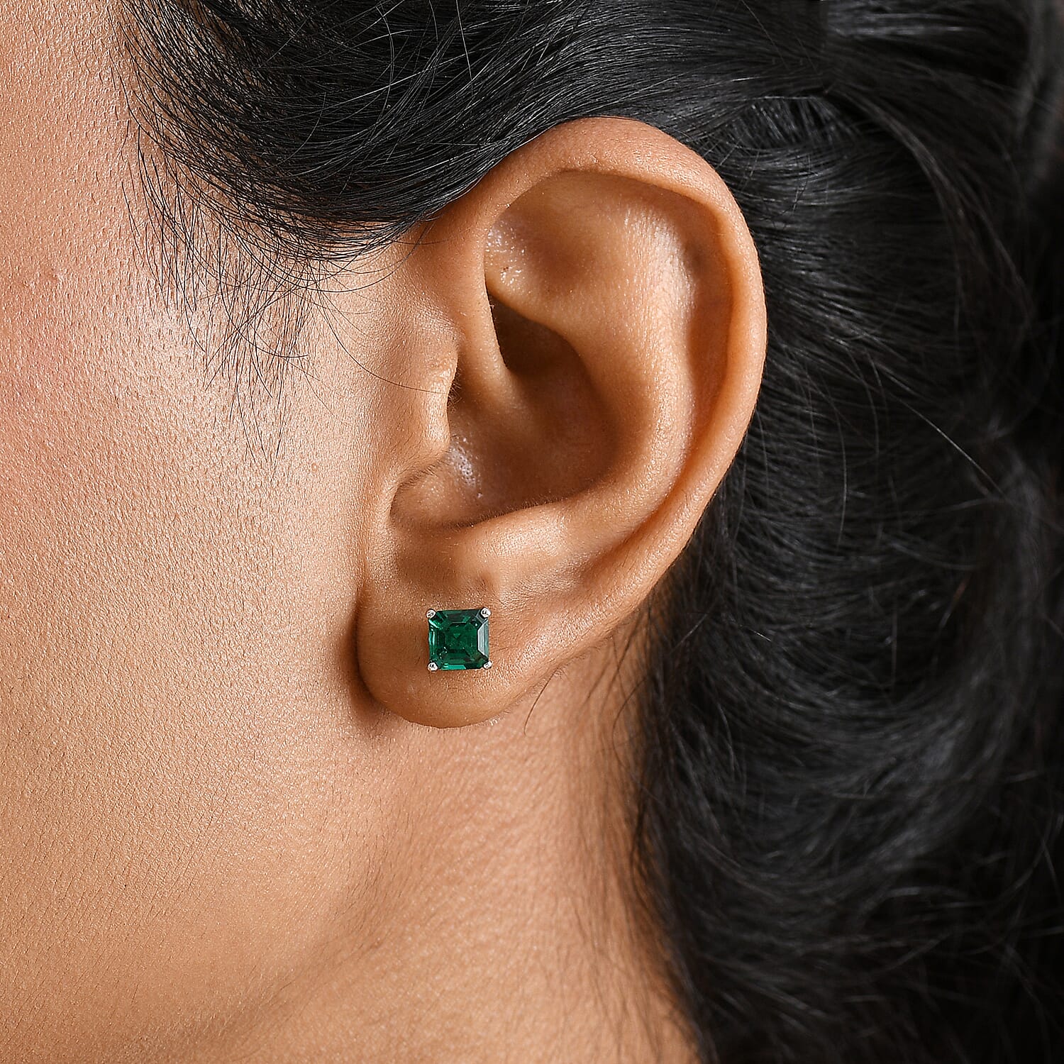 Lab Grown Emerald Solitaire Stud Push Post Earring in Rhodium Overlay Sterling Silver 1.21 Ct.