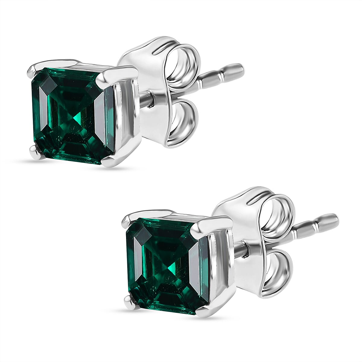 Lab Grown Emerald Solitaire Stud Push Post Earring in Rhodium Overlay Sterling Silver 1.21 Ct.