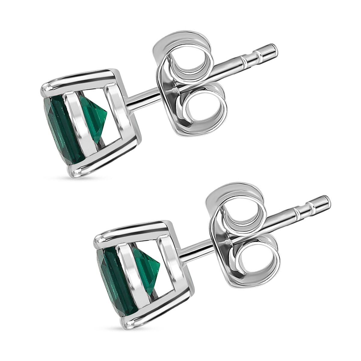 Lab Grown Emerald Solitaire Stud Push Post Earring in Rhodium Overlay Sterling Silver 1.21 Ct.