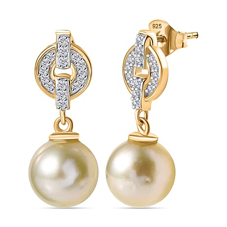 Royal Bali Collection- Golden South Sea Pearl ( 8-9MM) & White Zircon Stud Push Post Earring in 18K Vermeil Yellow Gold Plated Sterling Silver 8.40 Ct