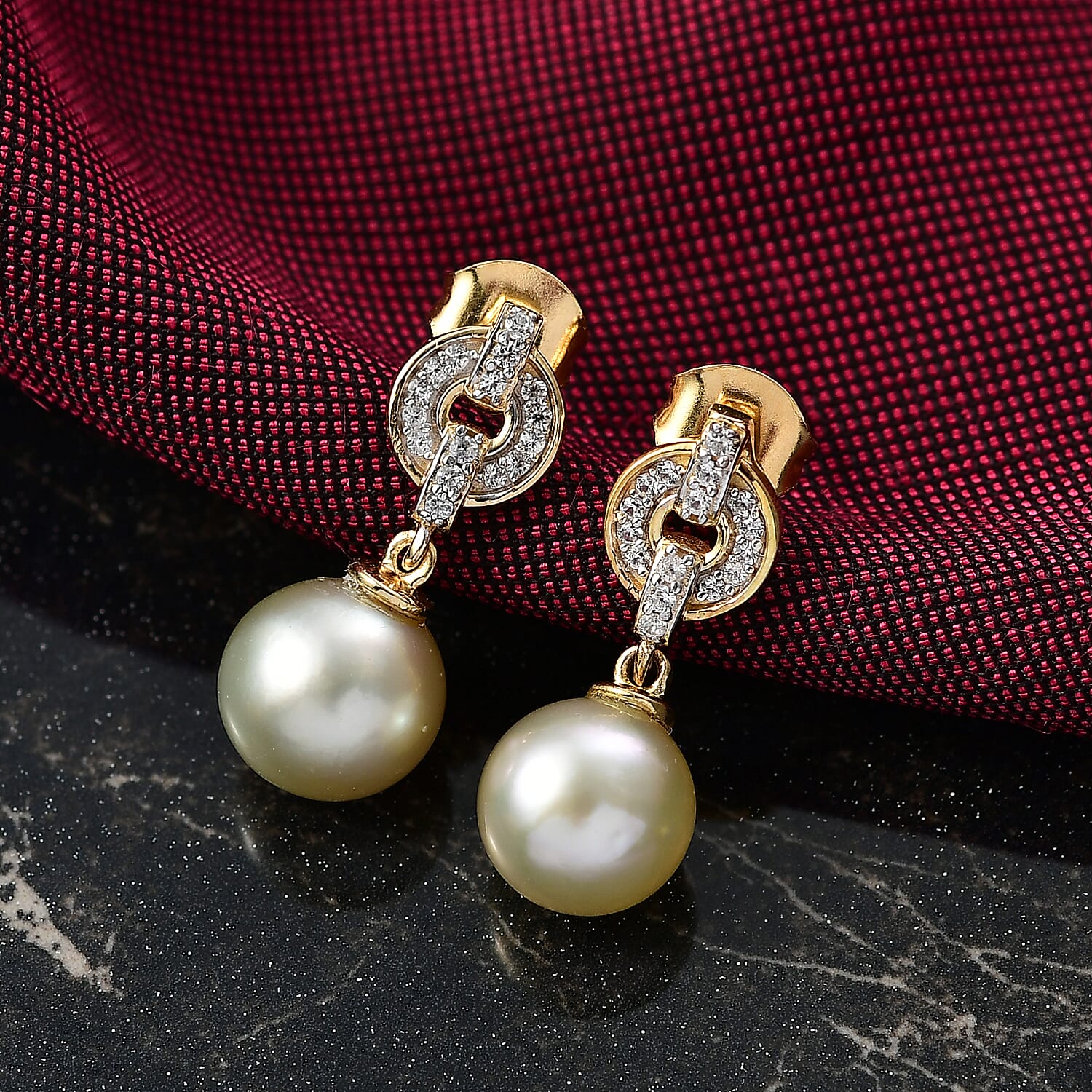 Royal Bali Collection- Golden South Sea Pearl ( 8-9MM) & White Zircon Stud Push Post Earring in 18K Vermeil Yellow Gold Plated Sterling Silver 8.40 Ct