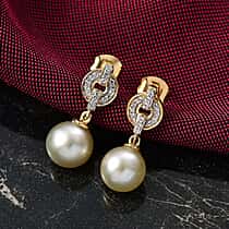 Royal Bali Collection- Golden South Sea Pearl (7-9mm), White Zircon Drop Push Post Earring in 18K Vermeil Yellow Gold Over Sterling Silver 8.40 Ct.