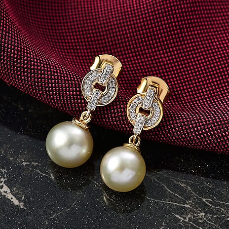 Royal Bali Collection- Golden South Sea Pearl ( 8-9MM) & White Zircon Stud Push Post Earring in 18K Vermeil Yellow Gold Plated Sterling Silver 8.40 Ct