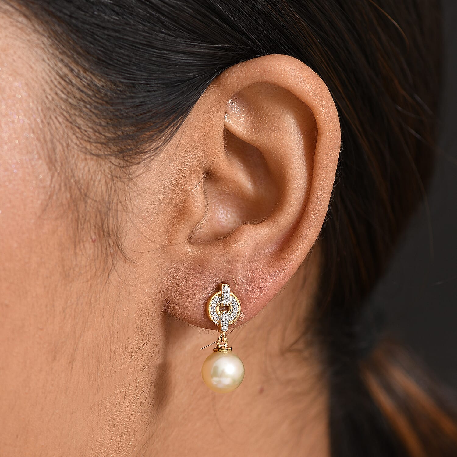 Royal Bali Collection- Golden South Sea Pearl ( 8-9MM) & White Zircon Stud Push Post Earring in 18K Vermeil Yellow Gold Plated Sterling Silver 8.40 Ct