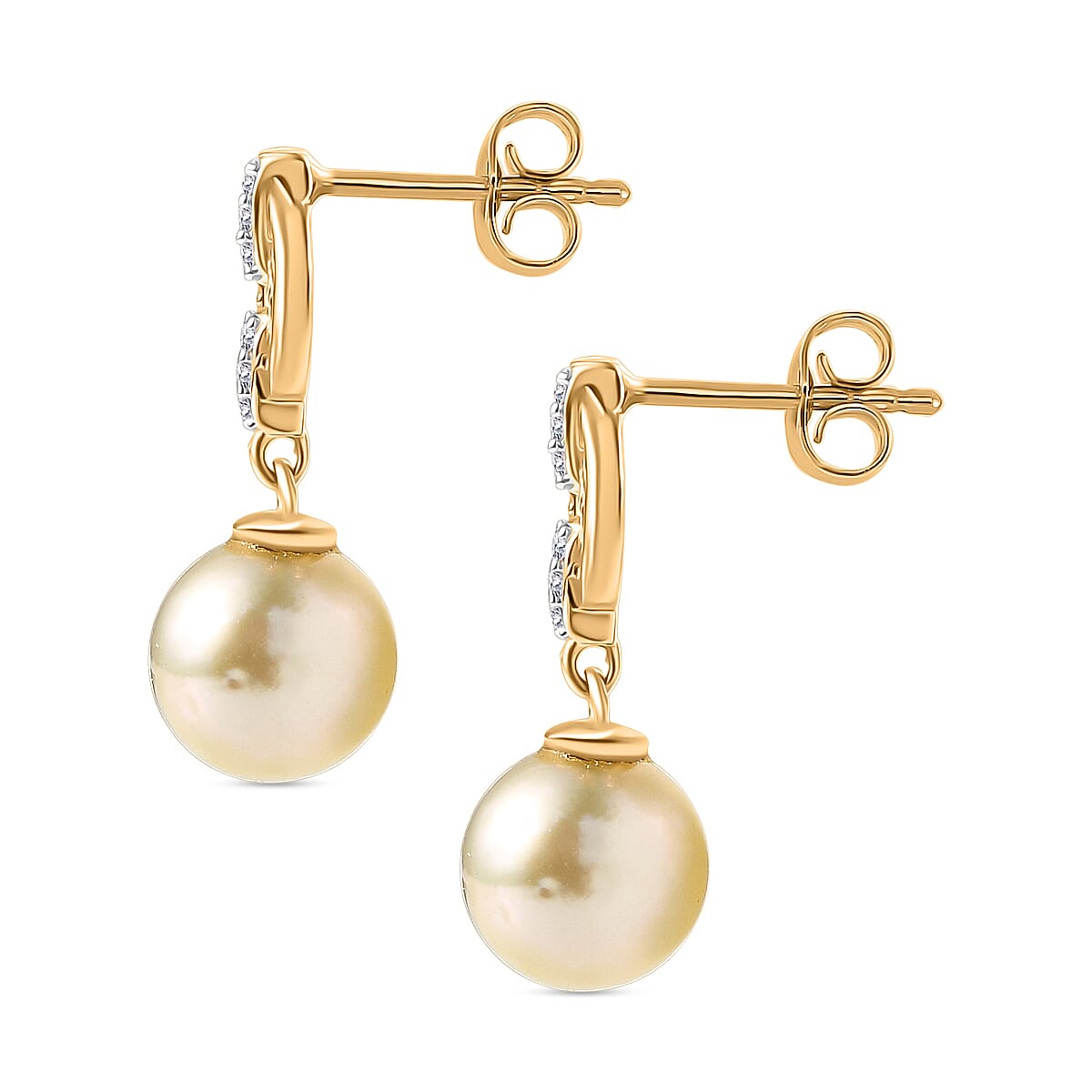 Royal Bali Collection- Golden South Sea Pearl ( 8-9MM) & White Zircon Stud Push Post Earring in 18K Vermeil Yellow Gold Plated Sterling Silver 8.40 Ct