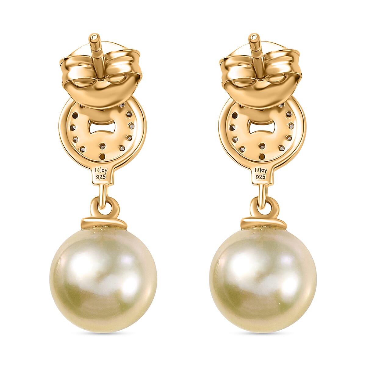 Royal Bali Collection- Golden South Sea Pearl ( 8-9MM) & White Zircon Stud Push Post Earring in 18K Vermeil Yellow Gold Plated Sterling Silver 8.40 Ct