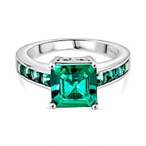 D'Joy Lab Grown Emerald Solitaire Ring in Rhodium Overlay Sterling Silver