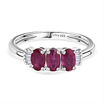 D'Joy African Ruby, White Diamond 3-Stone Ring in Rhodium Overlay Sterling Silver 1.08 Ct.