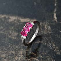 D'Joy African Ruby, White Diamond 3-Stone Ring in Rhodium Overlay Sterling Silver 1.08 Ct.