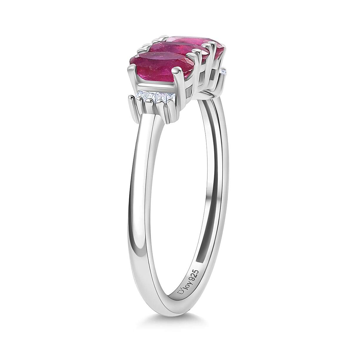 D'Joy African Ruby & White Diamond Trilogy Ring in Rhodium Overlay Sterling Silver 1.05 Ct.