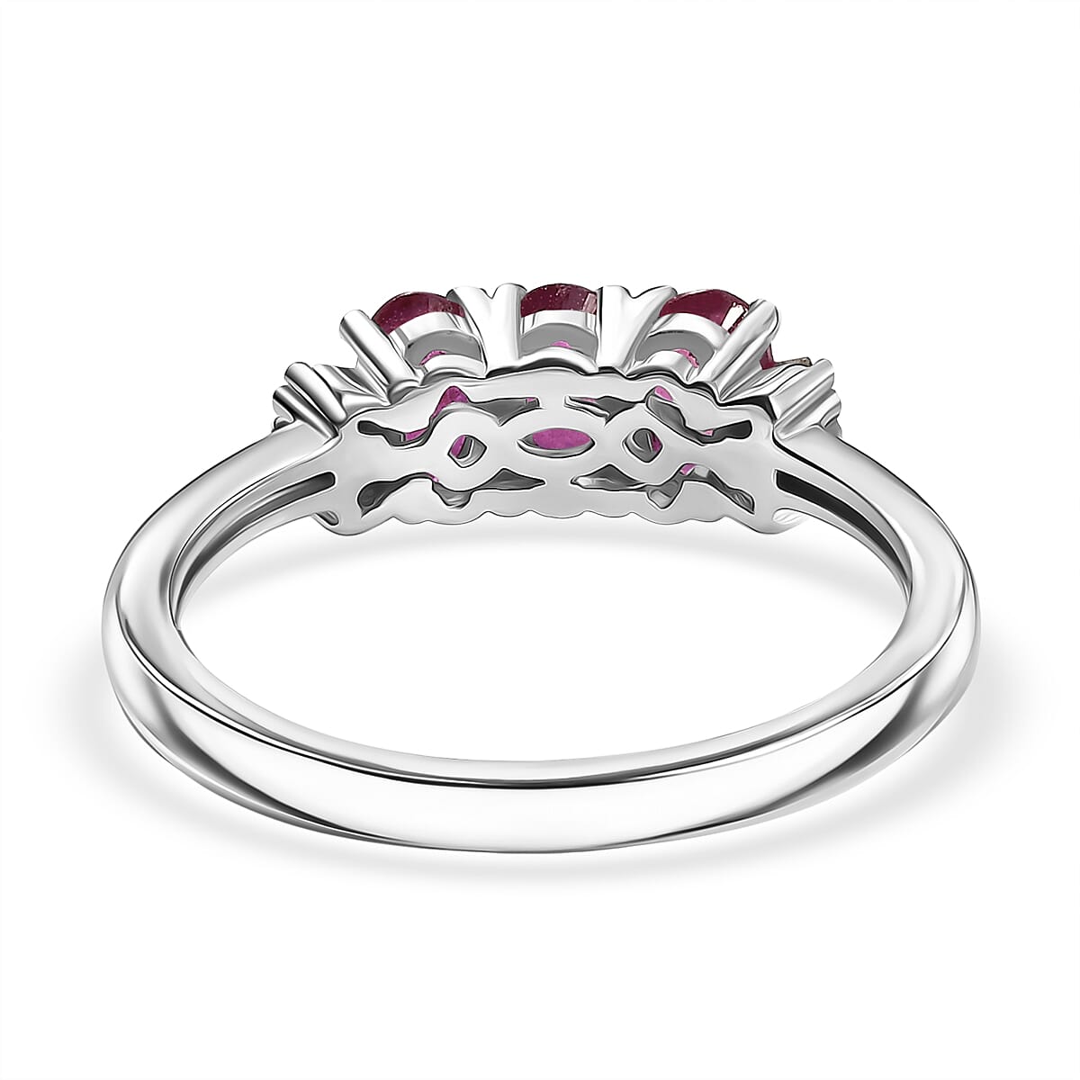 D'Joy African Ruby & White Diamond Trilogy Ring in Rhodium Overlay Sterling Silver 1.05 Ct.