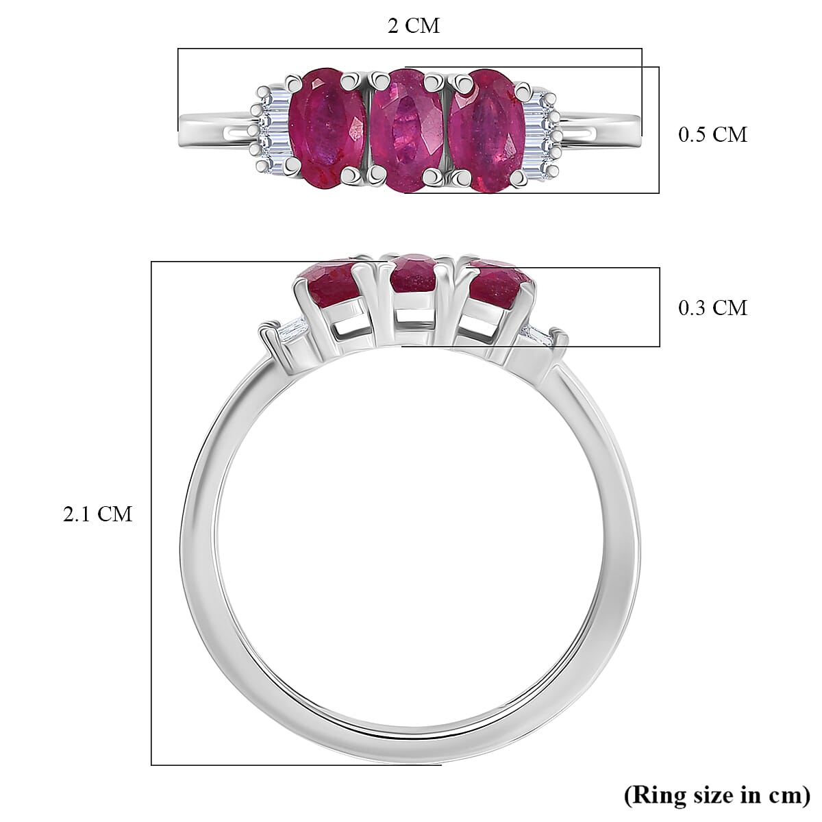 D'Joy African Ruby & White Diamond Trilogy Ring in Rhodium Overlay Sterling Silver 1.05 Ct.