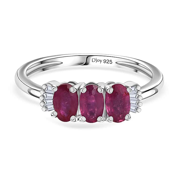 D'Joy African Ruby, White Diamond 3-Stone Ring in Rhodium Overlay Sterling Silver 1.08 Ct.