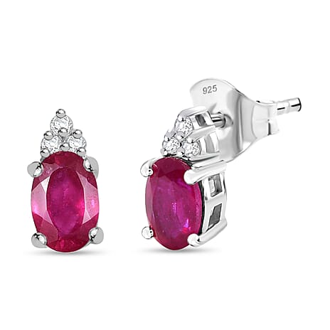 D'Joy African Ruby, White Zircon Solitaire Stud Push Post Earring in Platinum OverlaySterling Silver  1.442  Ct.