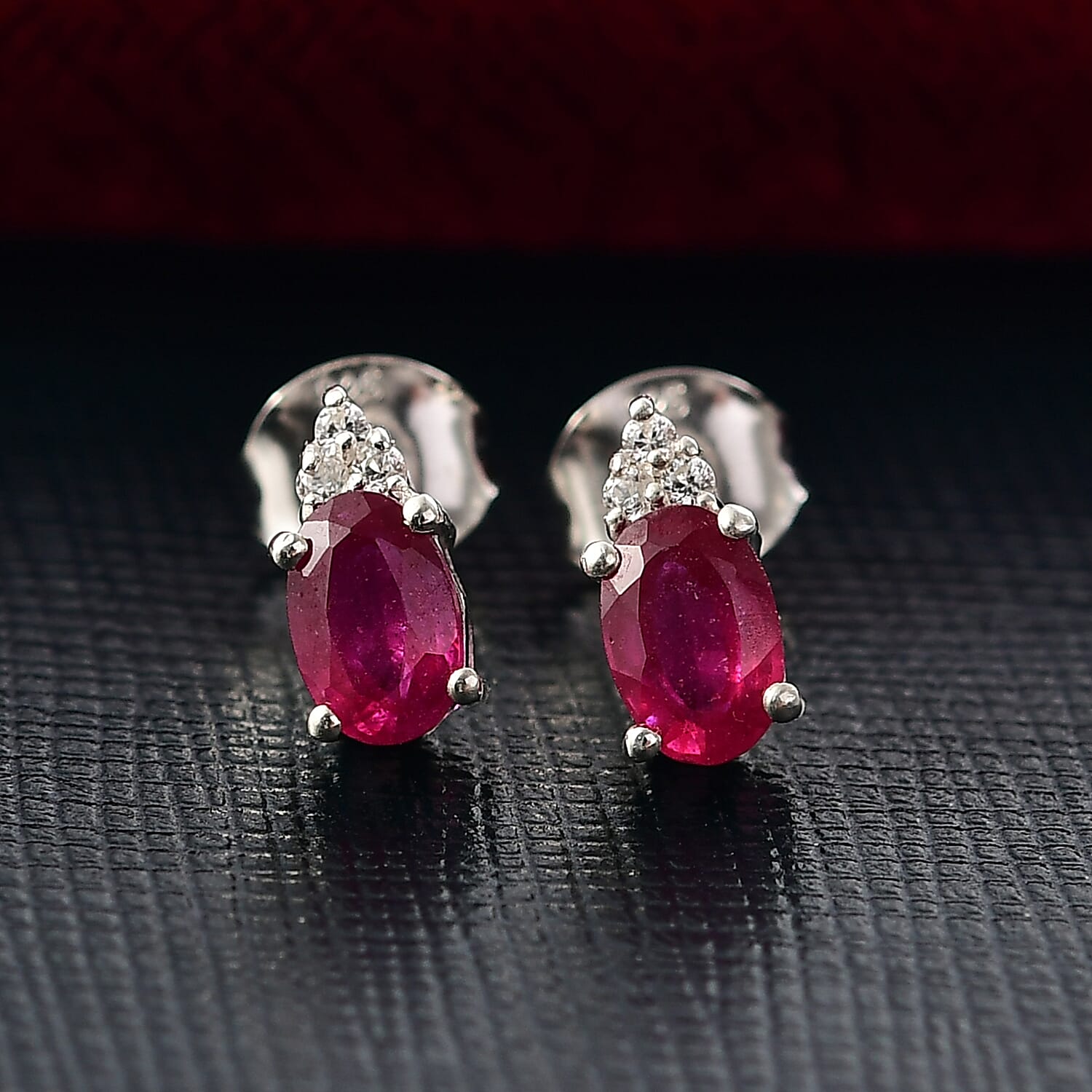 D'Joy African Ruby, White Zircon Solitaire Stud Push Post Earring in Platinum OverlaySterling Silver  1.442  Ct.