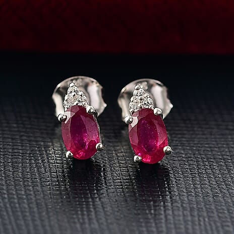 D'Joy African Ruby, White Zircon Solitaire Stud Push Post Earring in Platinum OverlaySterling Silver  1.442  Ct.