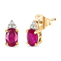 D'joy African Ruby, White Zircon Stud Push Post Earring in Yellow Gold Plated Sterling Silver 1.44 Ct.