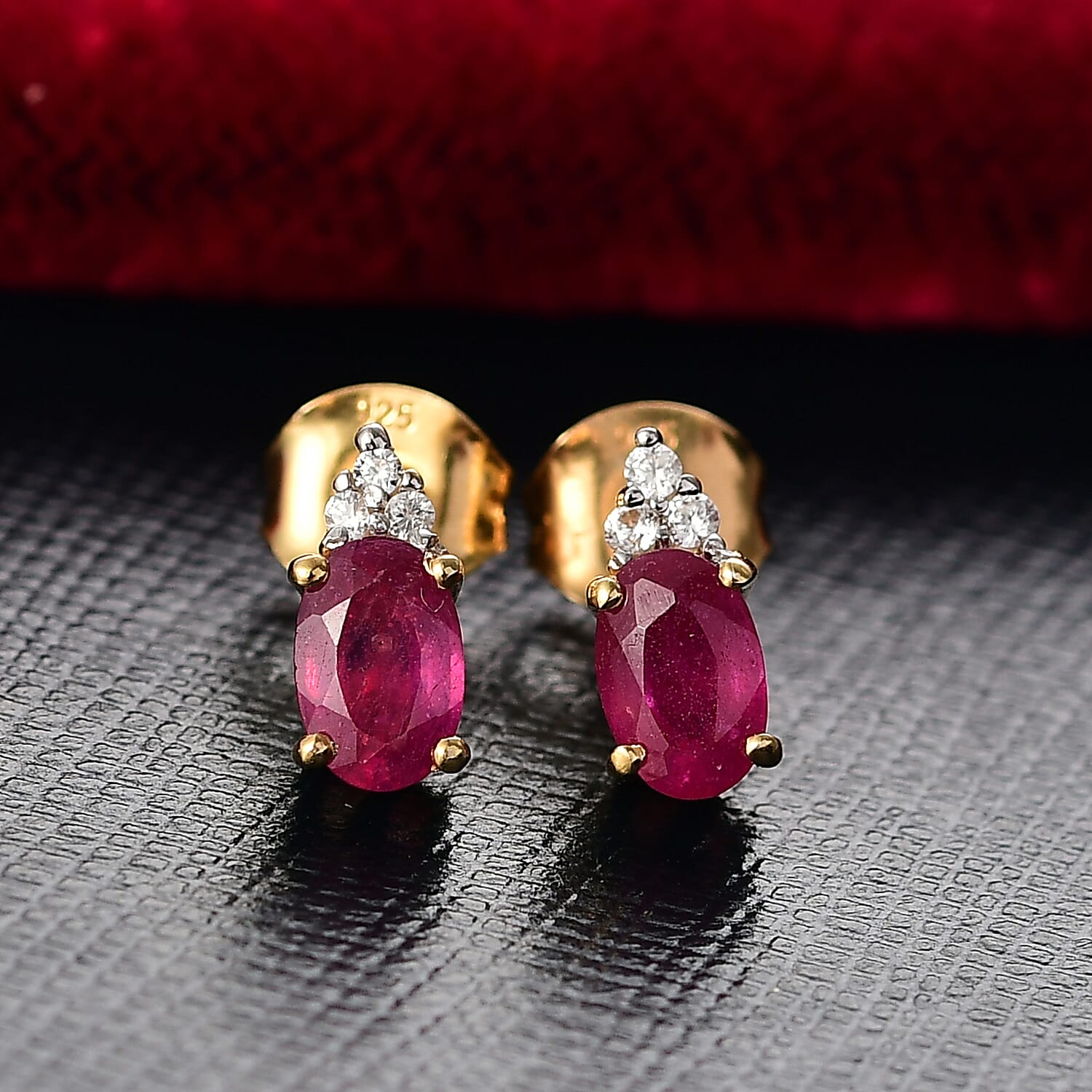 D'joy African Ruby & White Zircon Stud Push Post Earring in 14K Yellow Gold Plating Sterling Silver 1.44 Ct.