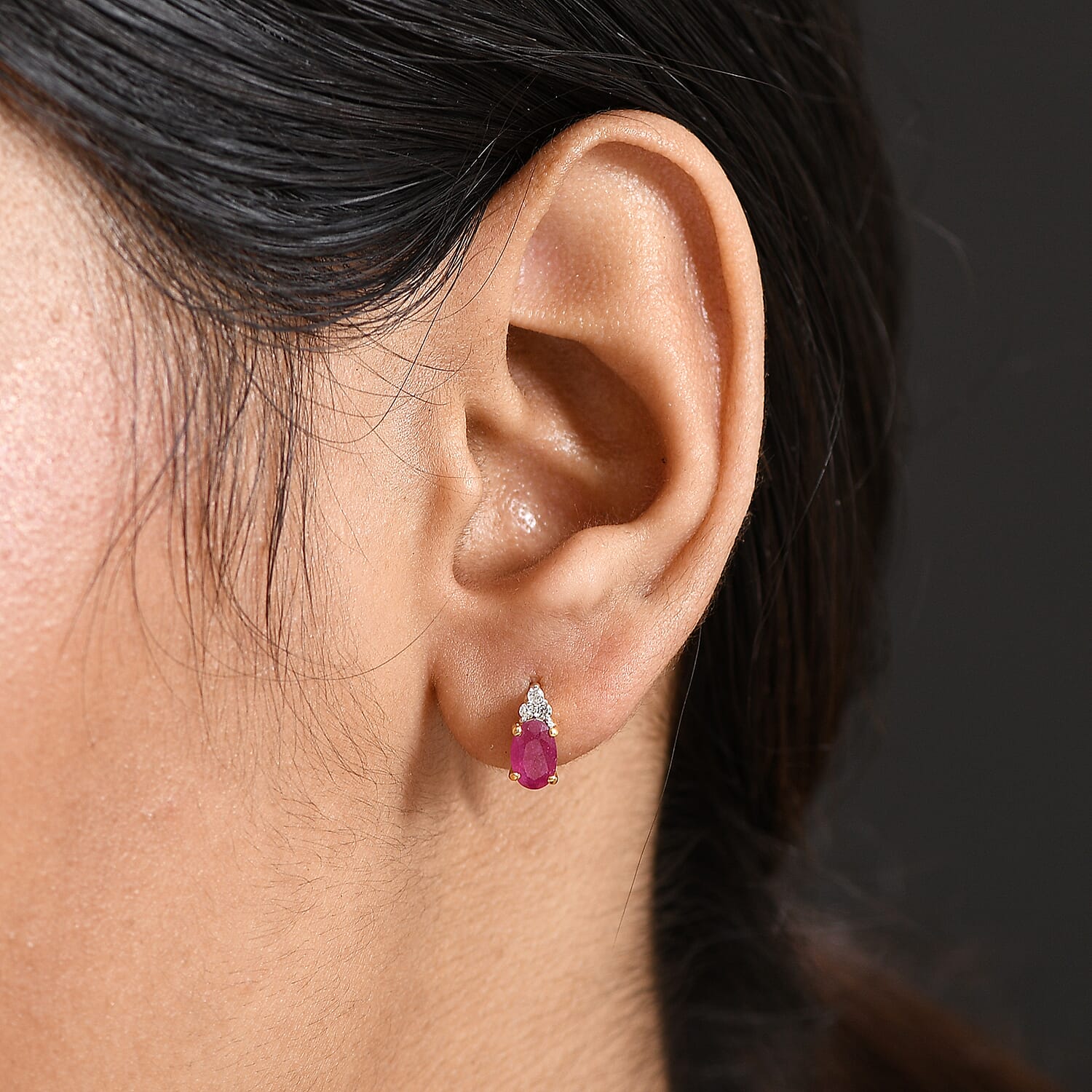 D'joy African Ruby & White Zircon Stud Push Post Earring in 14K Yellow Gold Plating Sterling Silver 1.44 Ct.