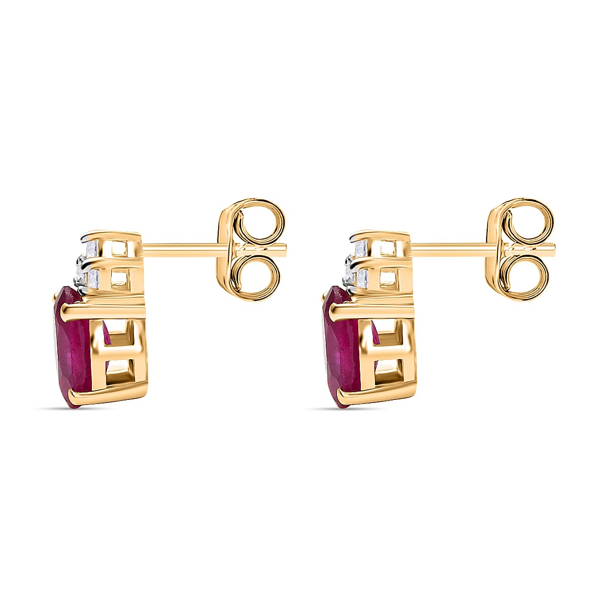 D'joy African Ruby & White Zircon Stud Push Post Earring in 14K Yellow Gold Plating Sterling Silver 1.44 Ct.