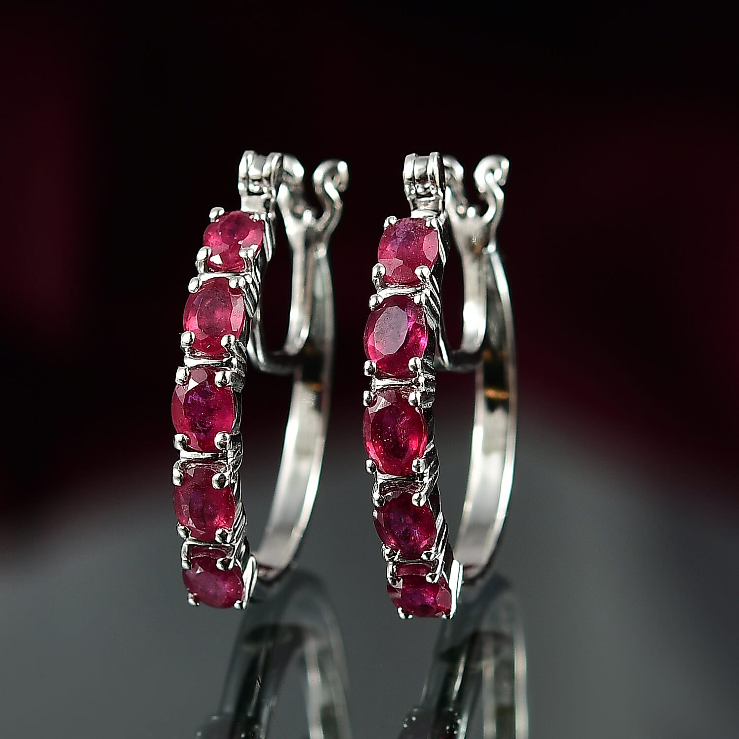 African Ruby J Hoop Half Hoop Earring with Clasp in Platinum Overlay Sterling Silver 2.49 Ct.