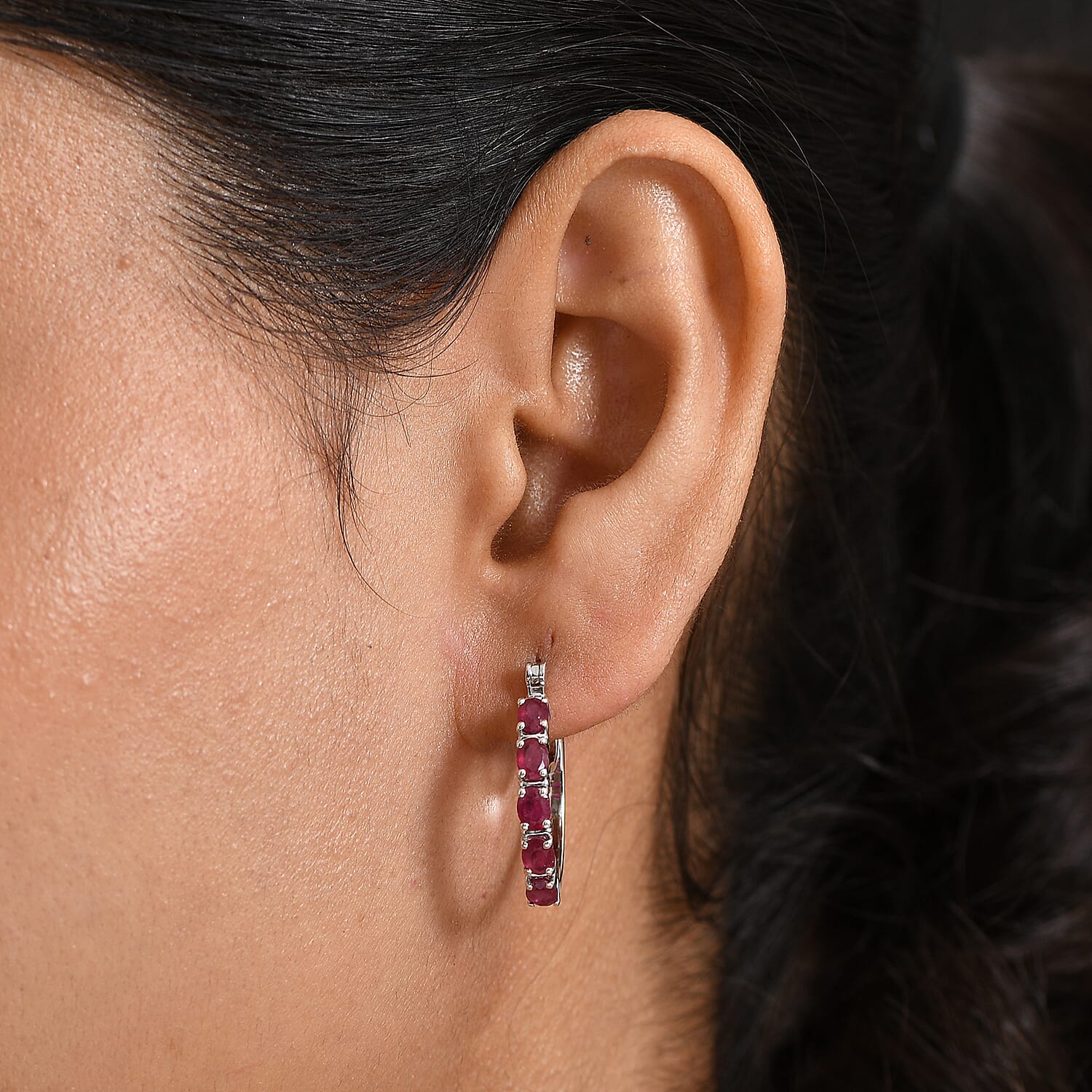 African Ruby J Hoop Half Hoop Earring with Clasp in Platinum Overlay Sterling Silver 2.49 Ct.