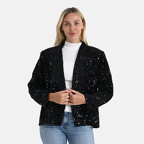 Valissiere Sequin Supersoft Lapel Blazer (Size L) - Black