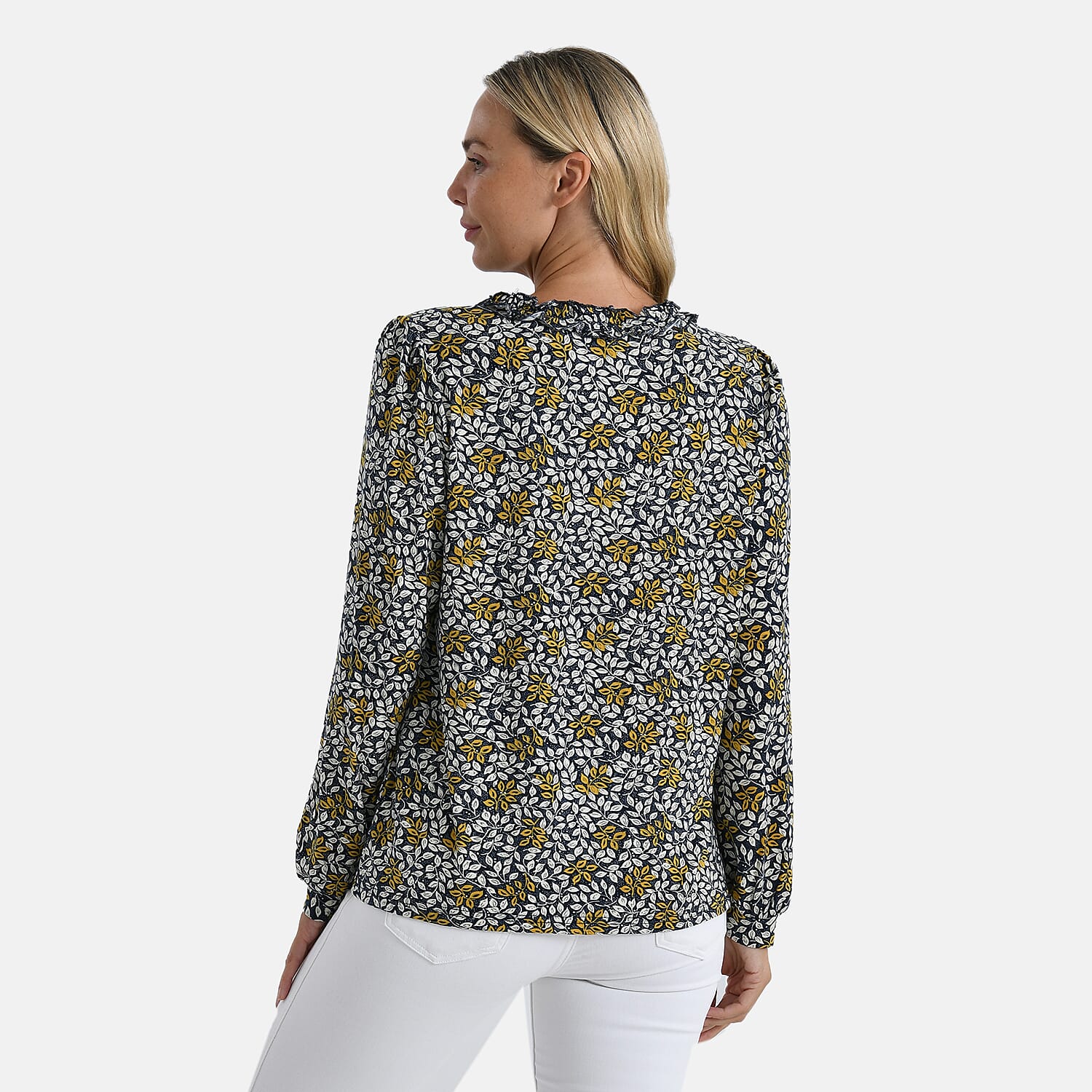 La Marey Leaf Pattern Frill Jersey Blouse 