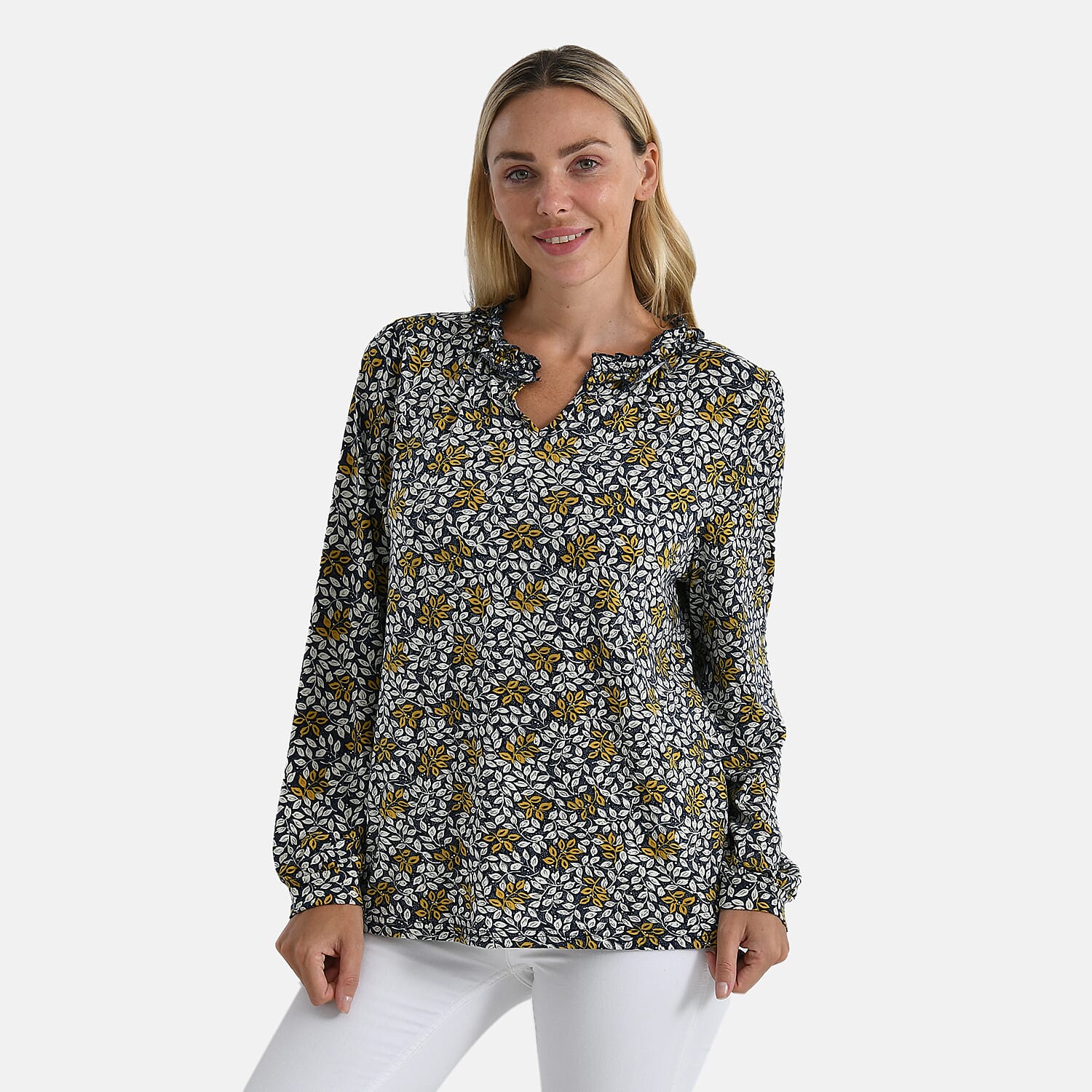 La Marey Leaf Pattern Frill Jersey Blouse 