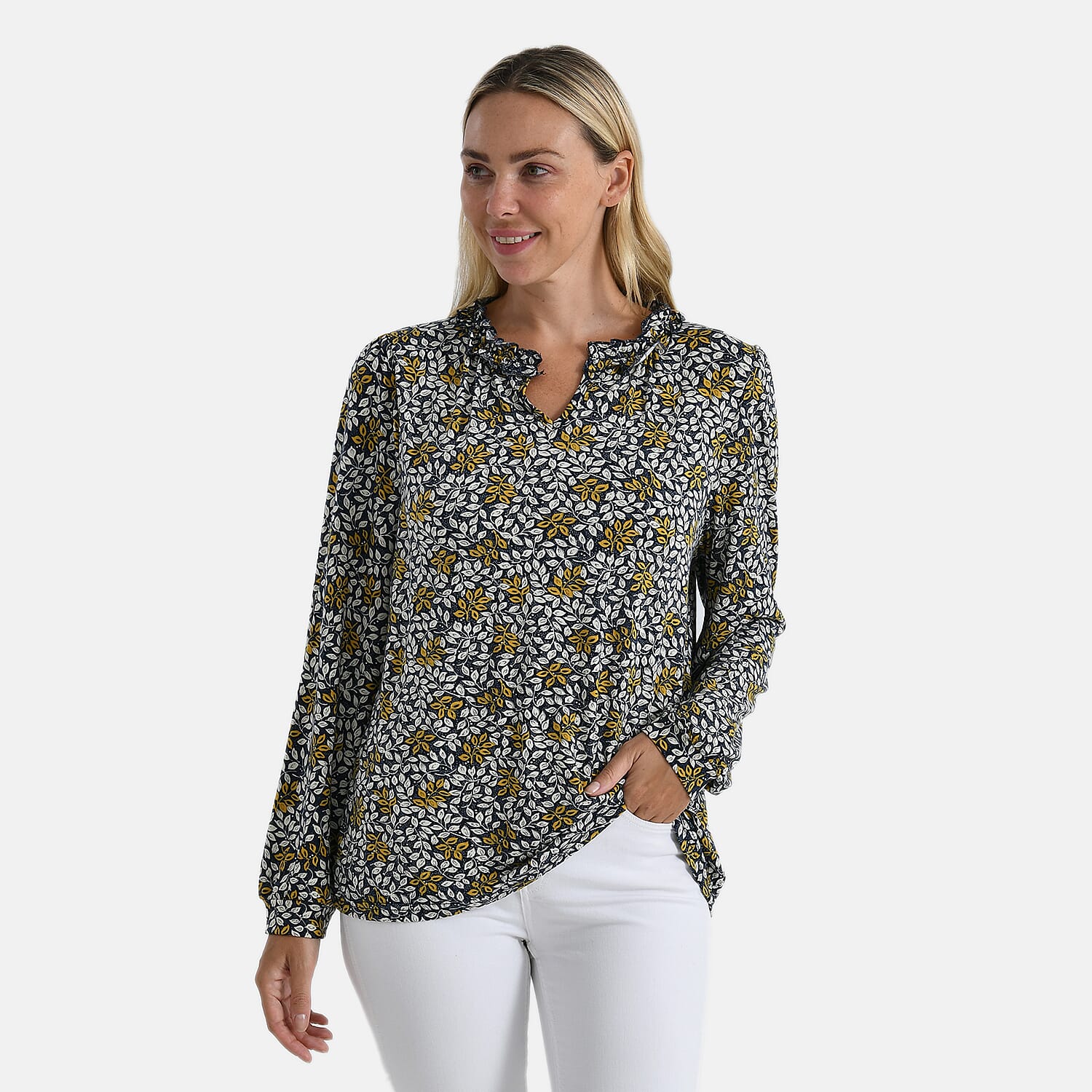 La Marey Leaf Pattern Frill Jersey Blouse 