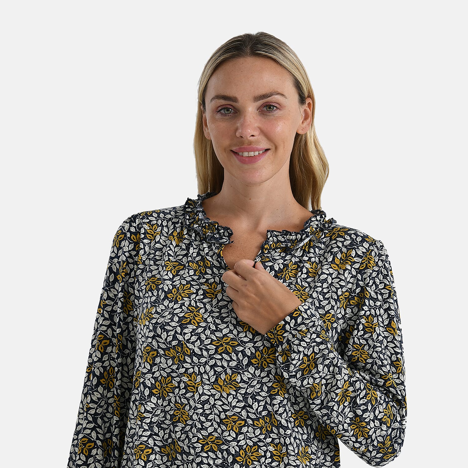 La Marey Leaf Pattern Frill Jersey Blouse 