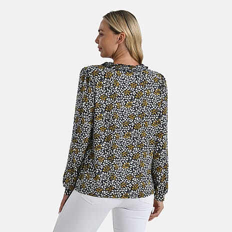 La Marey Leaf Pattern Frill Jersey Blouse (Size L, 16 to 18) - Navy