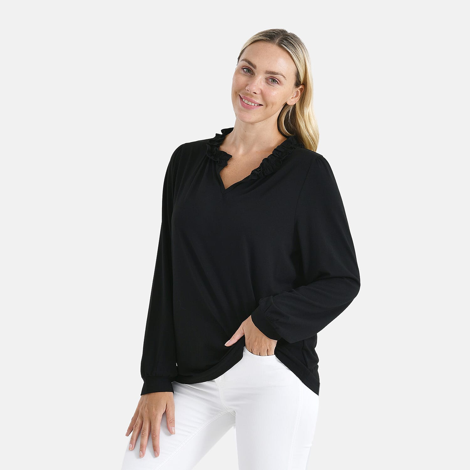 La Marey Leaf Pattern Frill Jersey Blouse 
