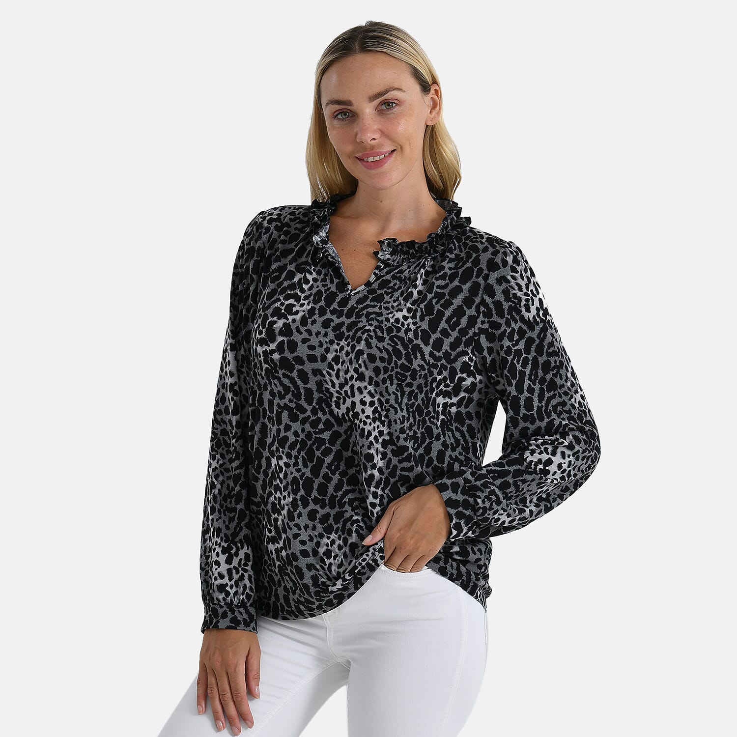 La Marey Leaf Pattern Frill Jersey Blouse 