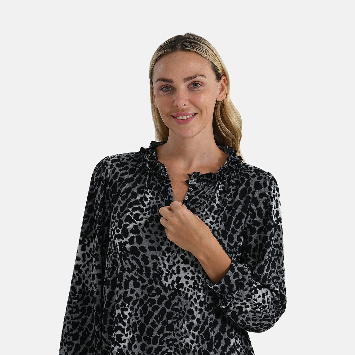 La Marey Leaf Pattern Frill Jersey Blouse 