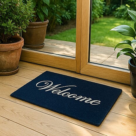 Eco-Friendly Welcome Print 100% Coir Door Mat - Navy