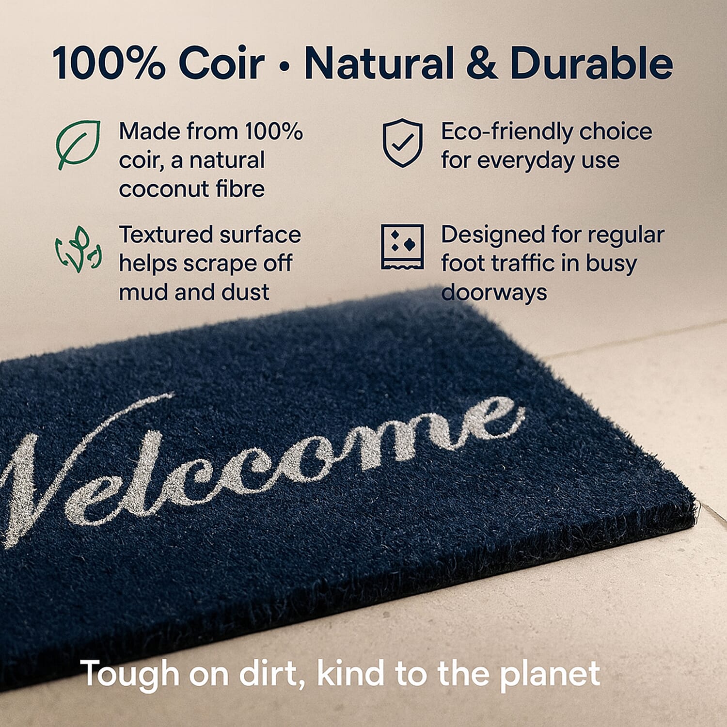 Eco-Friendly Welcome Print 100% Coir Door Mat - Navy